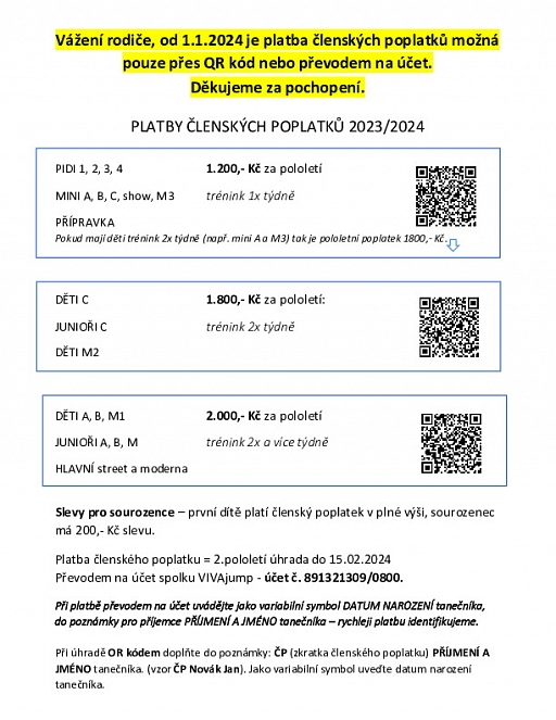 Platba členských poplatků za 2. pololetí